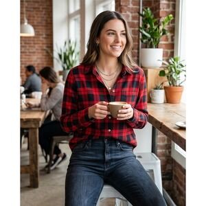 Jachs Girlfriend Womens XXL Red Black Plaid Flannel Button Down‎ Shirt NWT